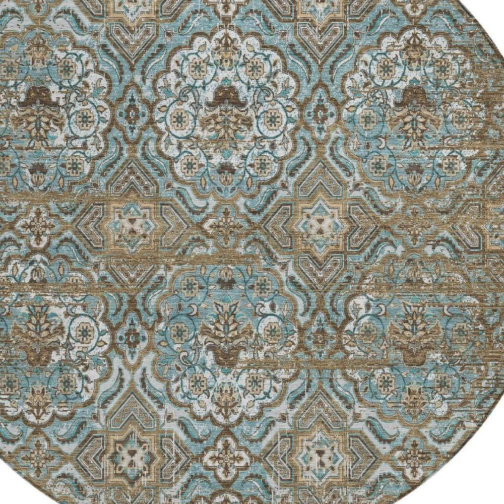 8' Teal Blue And Blue Round Floral Washable Indoor Outdoor Area Rug HomeRoots