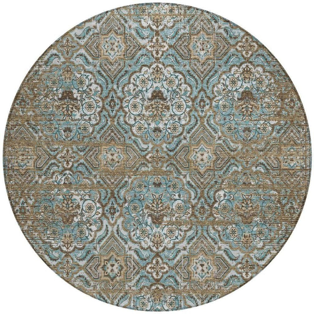 8' Teal Blue And Blue Round Floral Washable Indoor Outdoor Area Rug HomeRoots