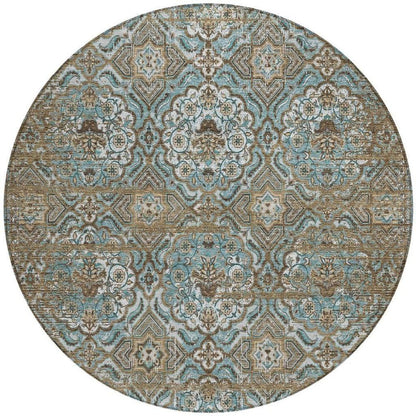 8' Teal Blue And Blue Round Floral Washable Indoor Outdoor Area Rug HomeRoots