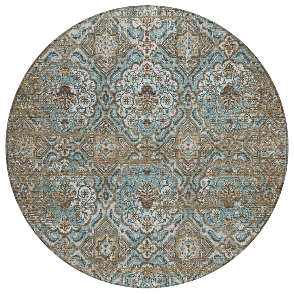 8' Teal Blue And Blue Round Floral Washable Indoor Outdoor Area Rug HomeRoots