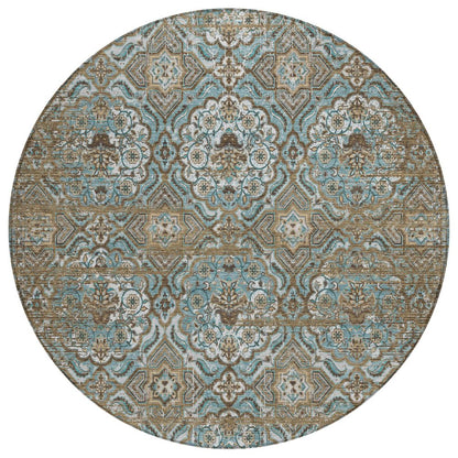 8' Teal Blue And Blue Round Floral Washable Indoor Outdoor Area Rug HomeRoots