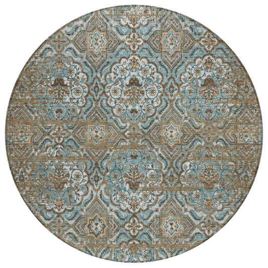 8' Teal Blue And Blue Round Floral Washable Indoor Outdoor Area Rug