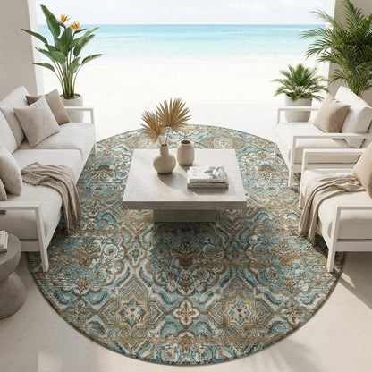 8' Teal Blue And Blue Round Floral Washable Indoor Outdoor Area Rug HomeRoots