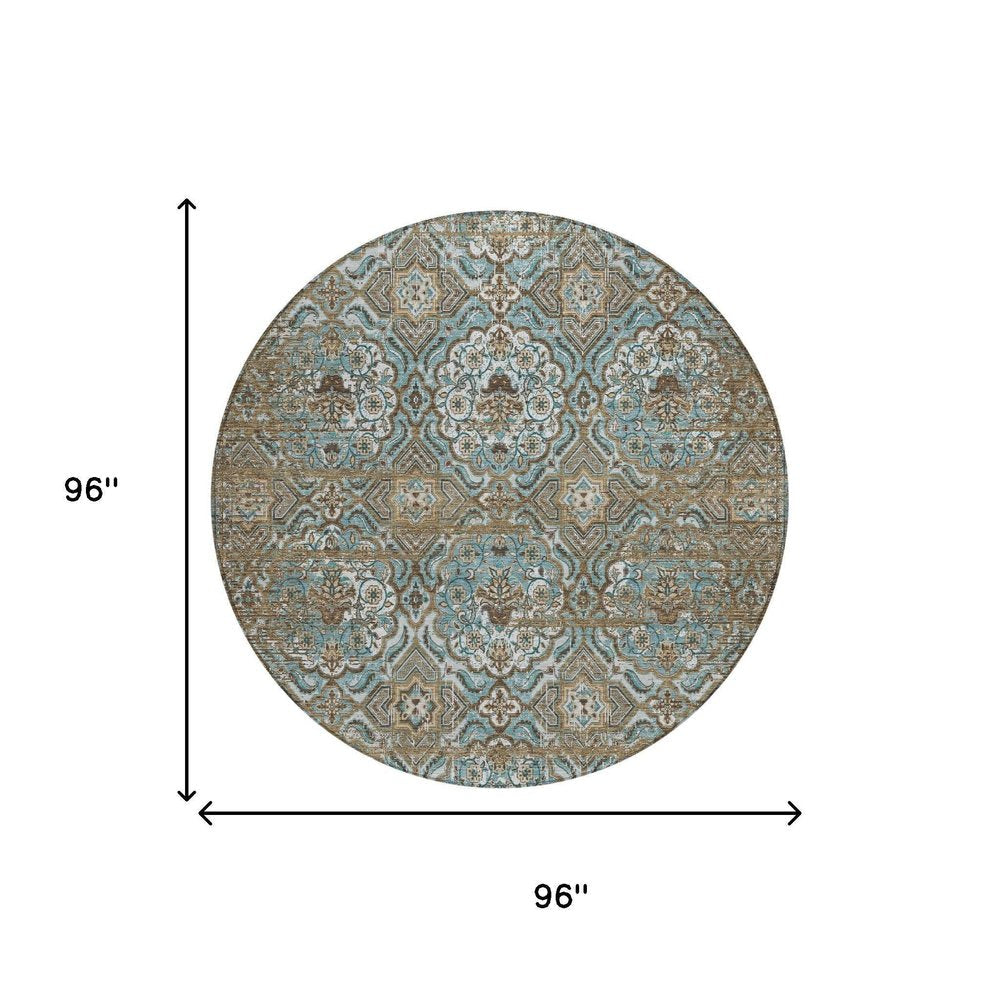 8' Teal Blue And Blue Round Floral Washable Indoor Outdoor Area Rug HomeRoots