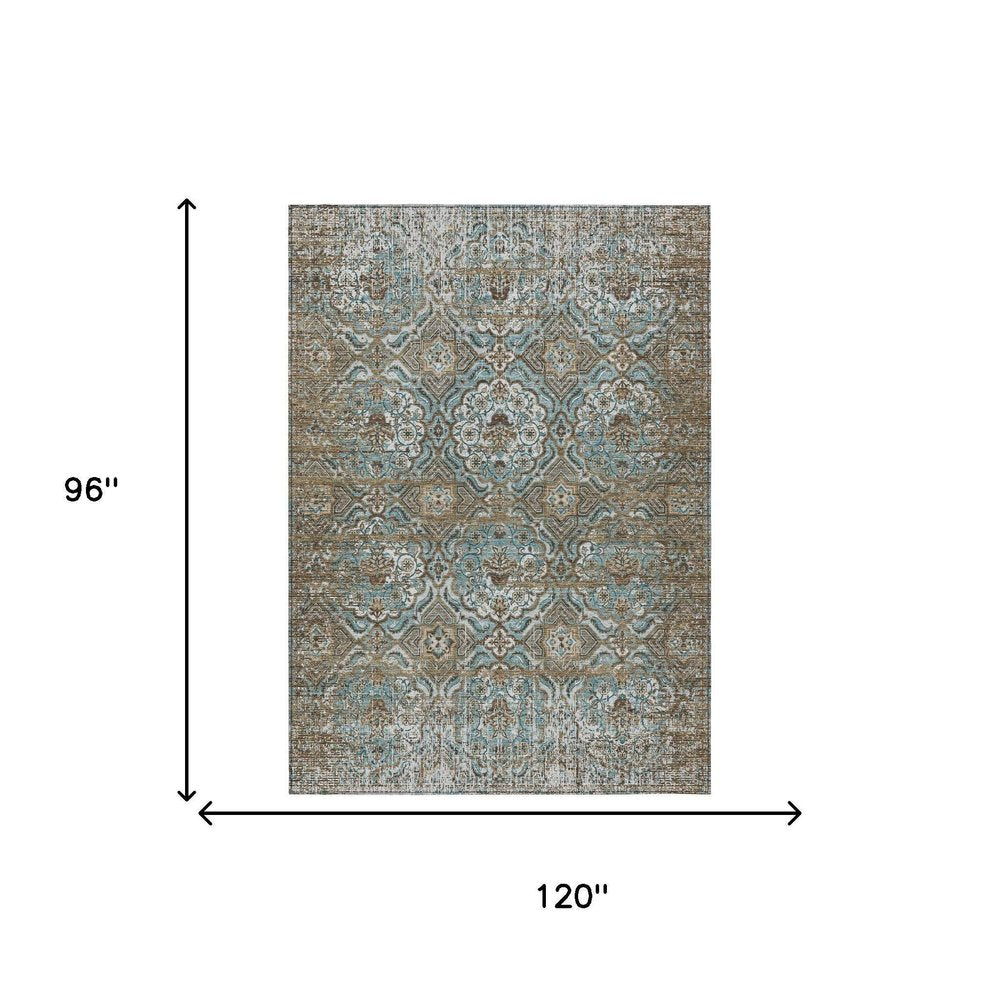 8' X 10' Teal Blue And Blue Floral Washable Indoor Outdoor Area Rug HomeRoots