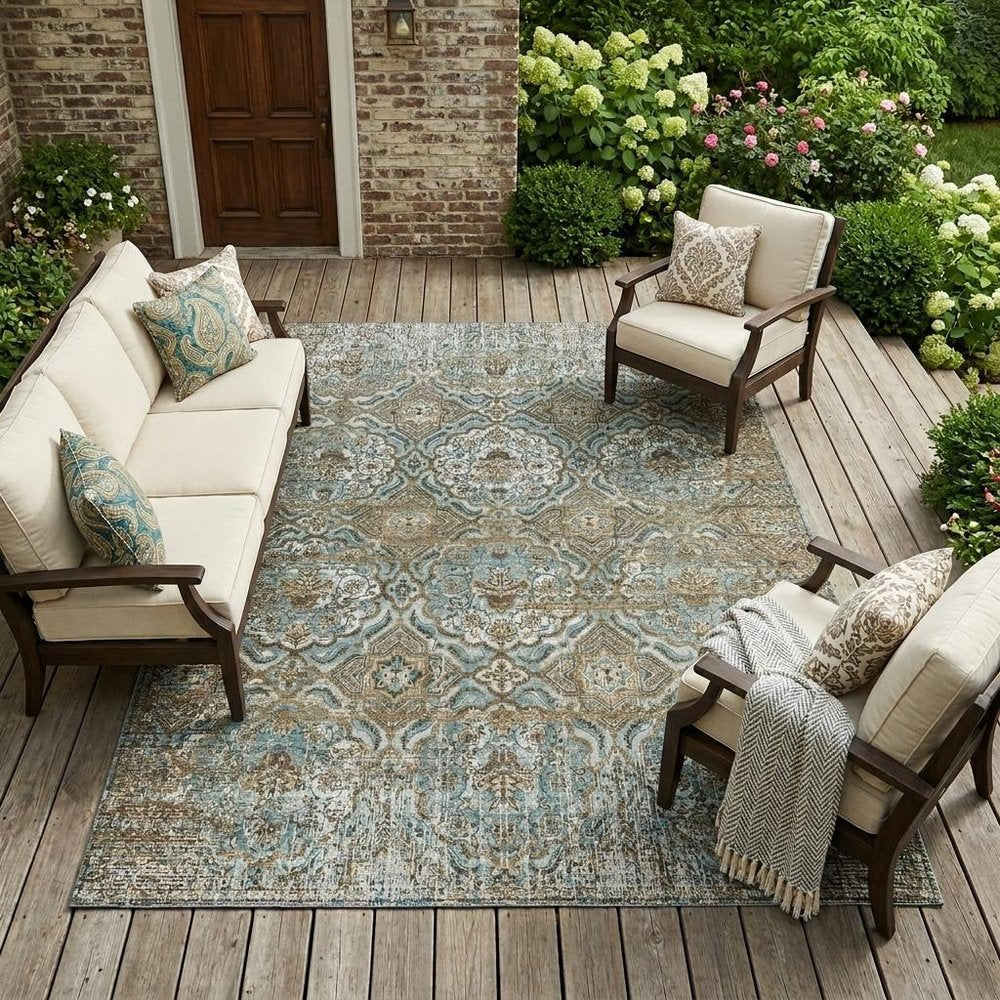 8' X 10' Teal Blue And Blue Floral Washable Indoor Outdoor Area Rug — view 5