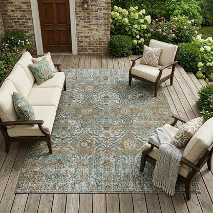 8' X 10' Teal Blue And Blue Floral Washable Indoor Outdoor Area Rug HomeRoots