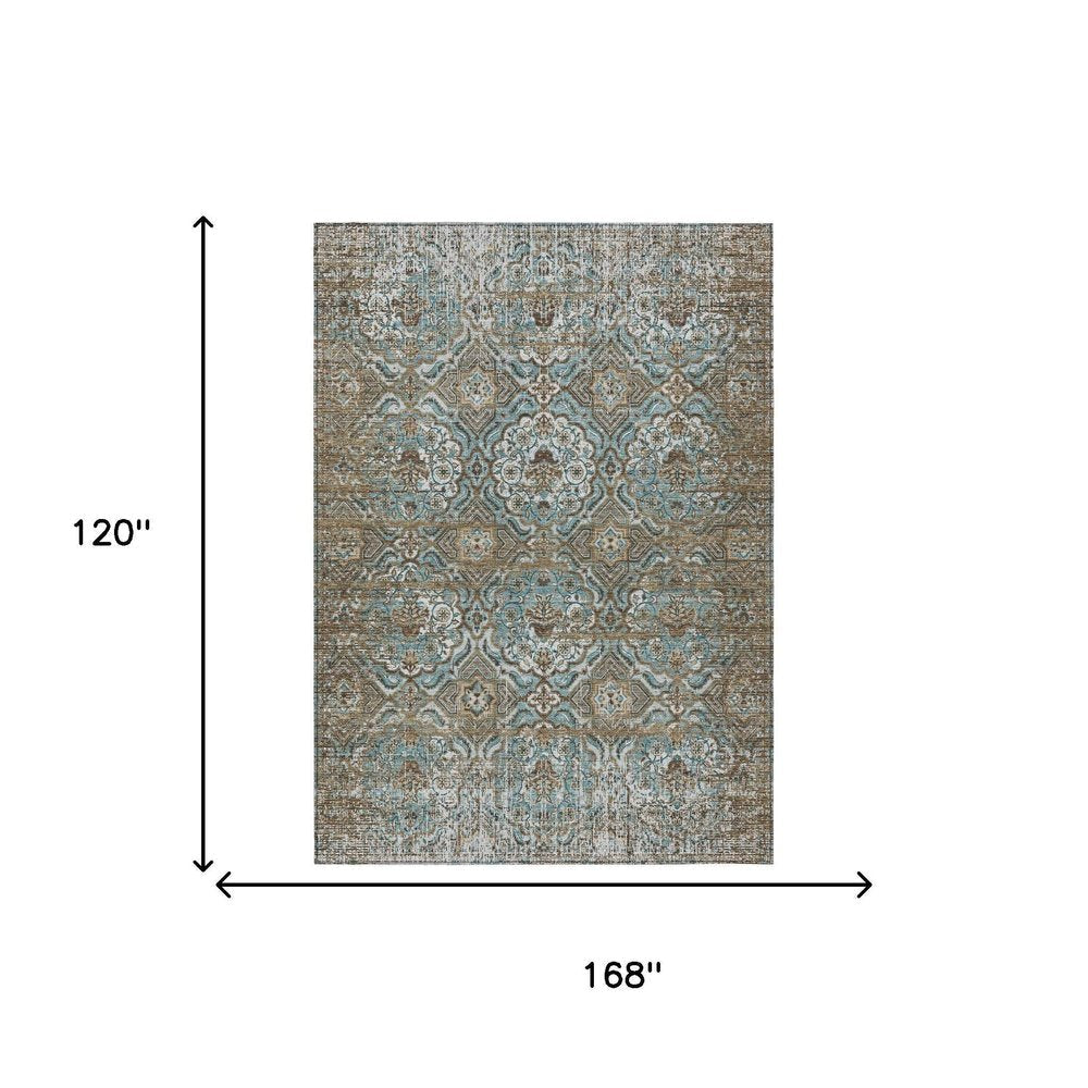 10' X 14' Teal Blue And Blue Floral Washable Indoor Outdoor Area Rug HomeRoots
