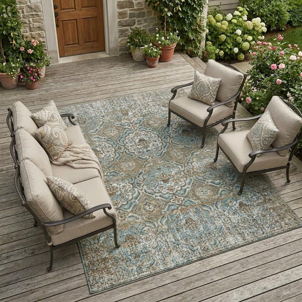 10' X 14' Teal Blue And Blue Floral Washable Indoor Outdoor Area Rug — view 5