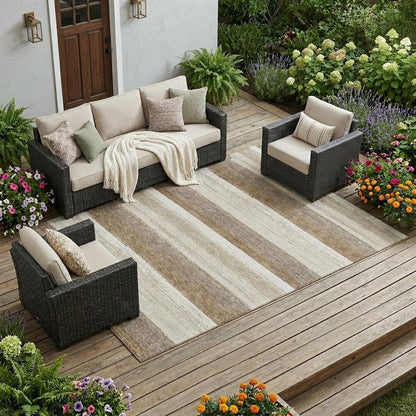 10' X 14' Beige And Graphite Striped Washable Indoor Outdoor Area Rug HomeRoots
