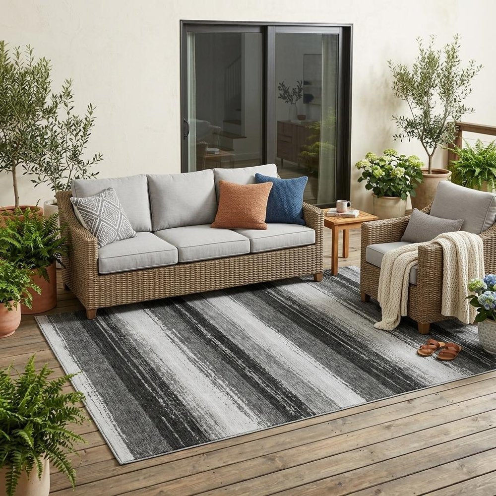 5' X 8' Black And Khaki Striped Washable Indoor Outdoor Area Rug — view 5