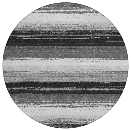 8' Black And Khaki Round Striped Washable Indoor Outdoor Area Rug