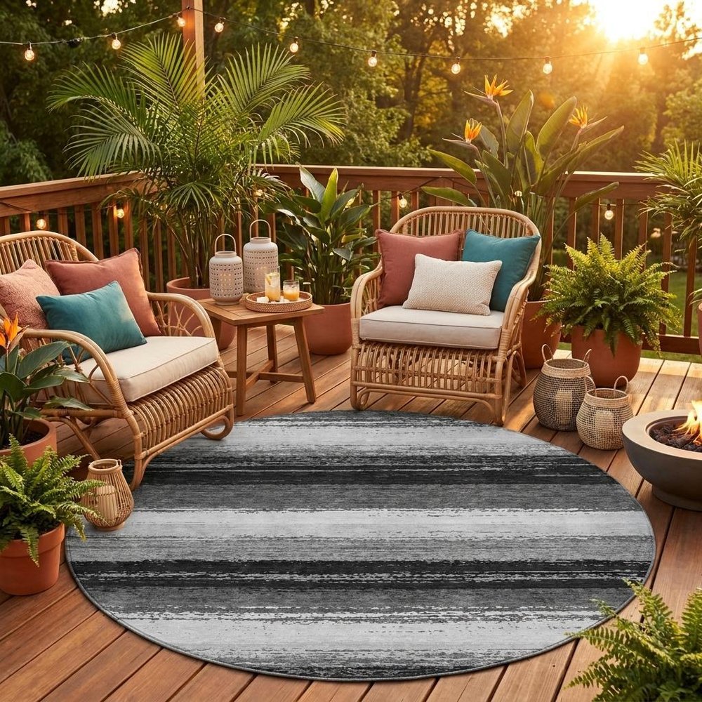 8' Black And Khaki Round Striped Washable Indoor Outdoor Area Rug HomeRoots