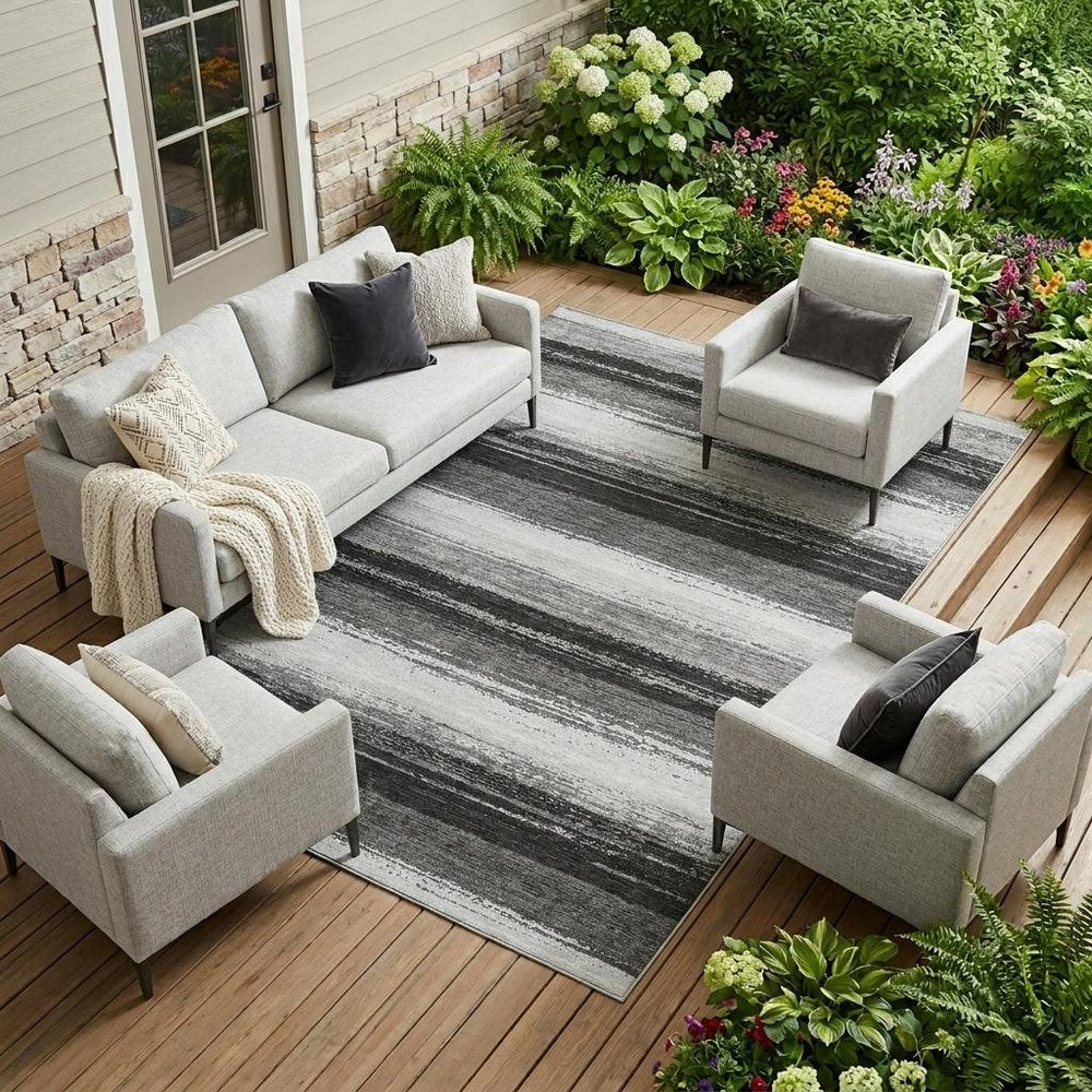 8' X 10' Black And Khaki Striped Washable Indoor Outdoor Area Rug — view 5