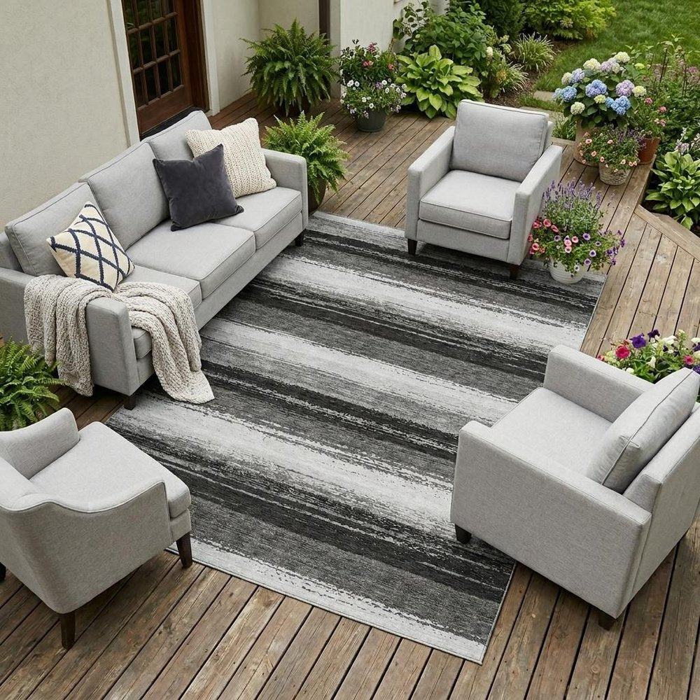 9' X 12' Black And Khaki Striped Washable Indoor Outdoor Area Rug — view 5