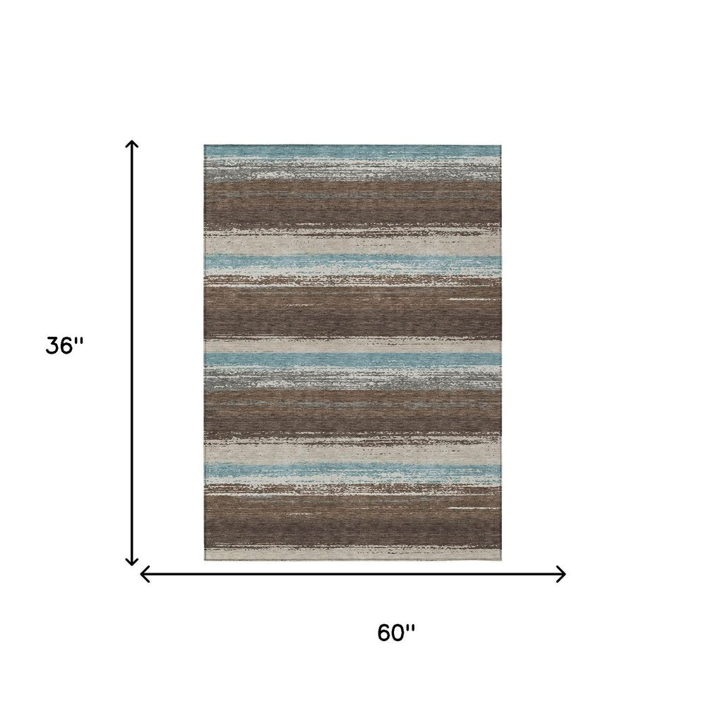 3' X 5' Brown And Beige Striped Washable Indoor Outdoor Area Rug HomeRoots