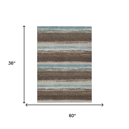 3' X 5' Brown And Beige Striped Washable Indoor Outdoor Area Rug HomeRoots