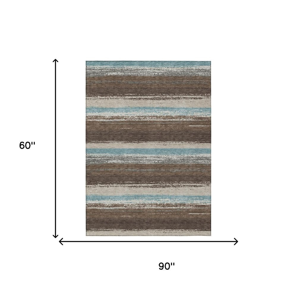 5' X 8' Brown And Beige Striped Washable Indoor Outdoor Area Rug HomeRoots