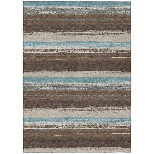 5' X 8' Brown And Beige Striped Washable Indoor Outdoor Area Rug