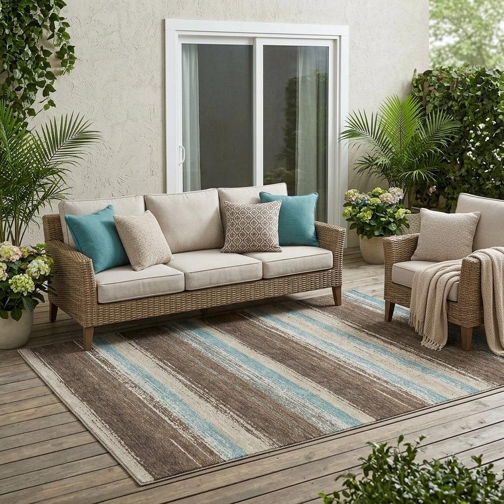 5' X 8' Brown And Beige Striped Washable Indoor Outdoor Area Rug HomeRoots