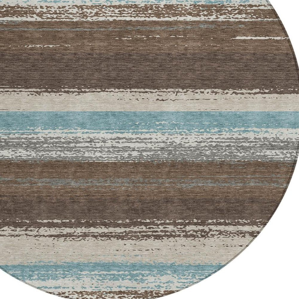 8' Brown And Beige Round Striped Washable Indoor Outdoor Area Rug — view 6