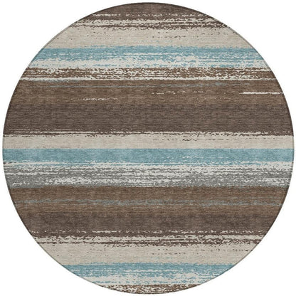 8' Brown And Beige Round Striped Washable Indoor Outdoor Area Rug