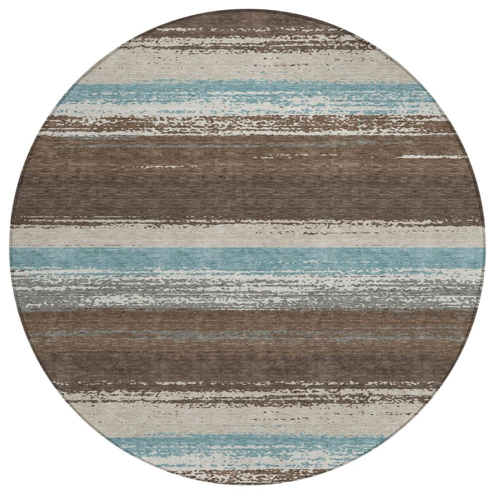 8' Brown And Beige Round Striped Washable Indoor Outdoor Area Rug — view 1