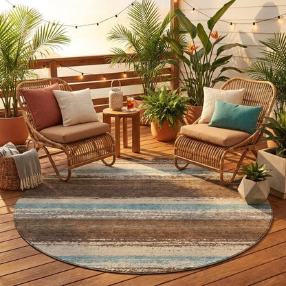 8' Brown And Beige Round Striped Washable Indoor Outdoor Area Rug HomeRoots