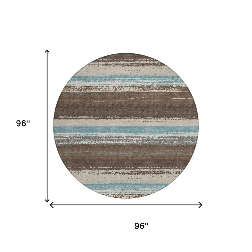 8' Brown And Beige Round Striped Washable Indoor Outdoor Area Rug — view 4