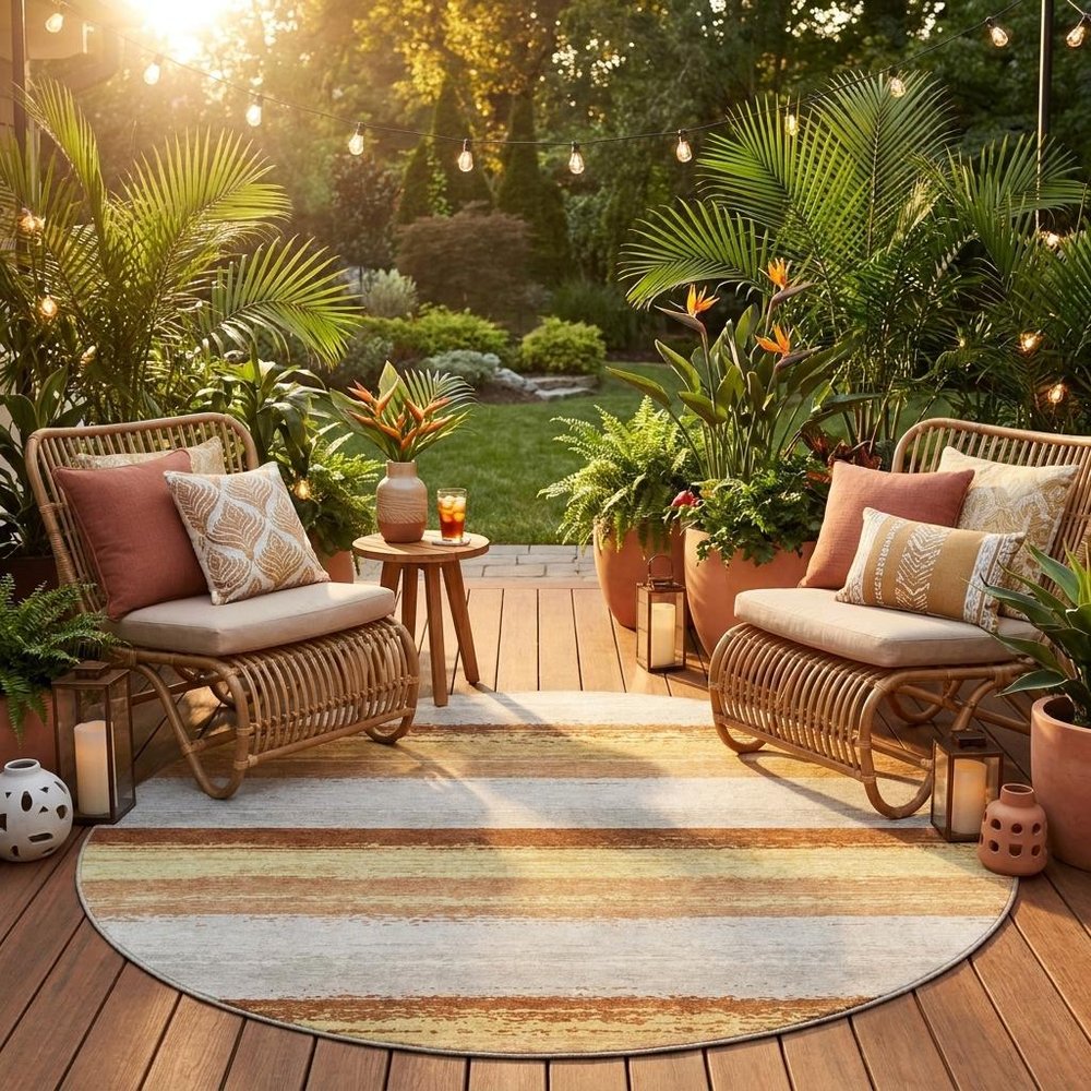 8' Copper And Purple Round Striped Washable Indoor Outdoor Area Rug — view 5