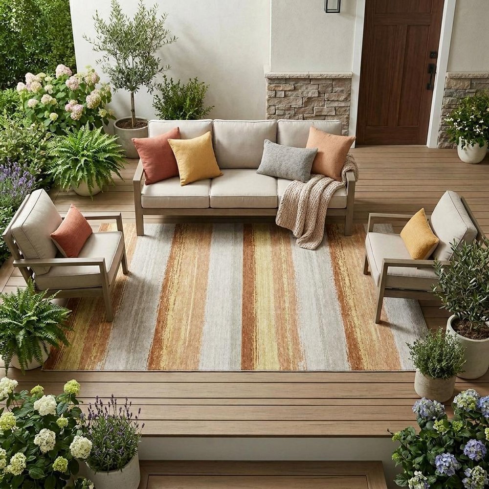 9' X 12' Copper And Purple Striped Washable Indoor Outdoor Area Rug — view 1
