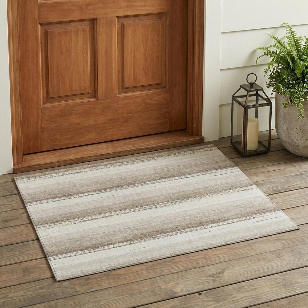 3' X 5' Ivory And Linen Striped Washable Indoor Outdoor Area Rug HomeRoots
