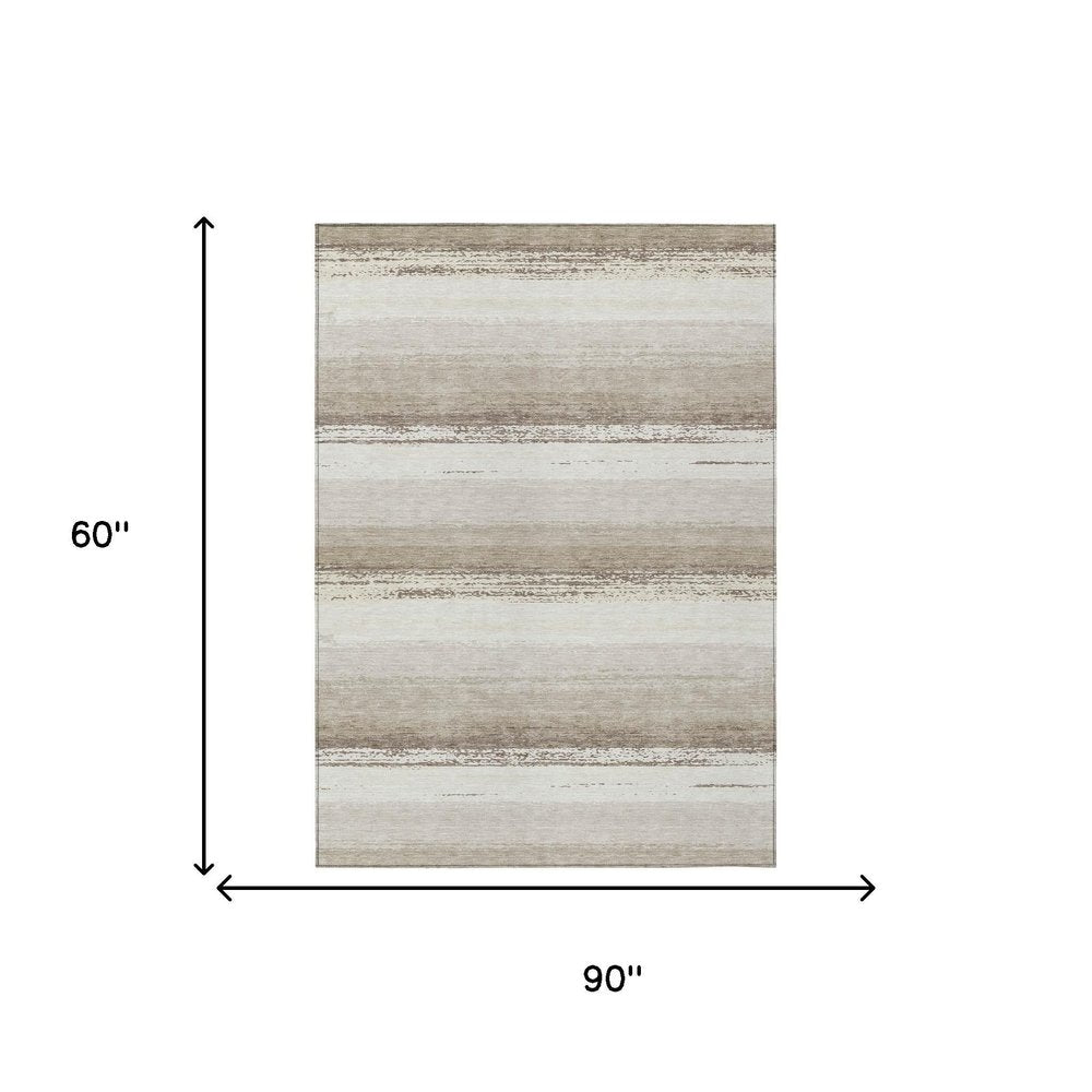 5' X 8' Ivory And Linen Striped Washable Indoor Outdoor Area Rug — view 4