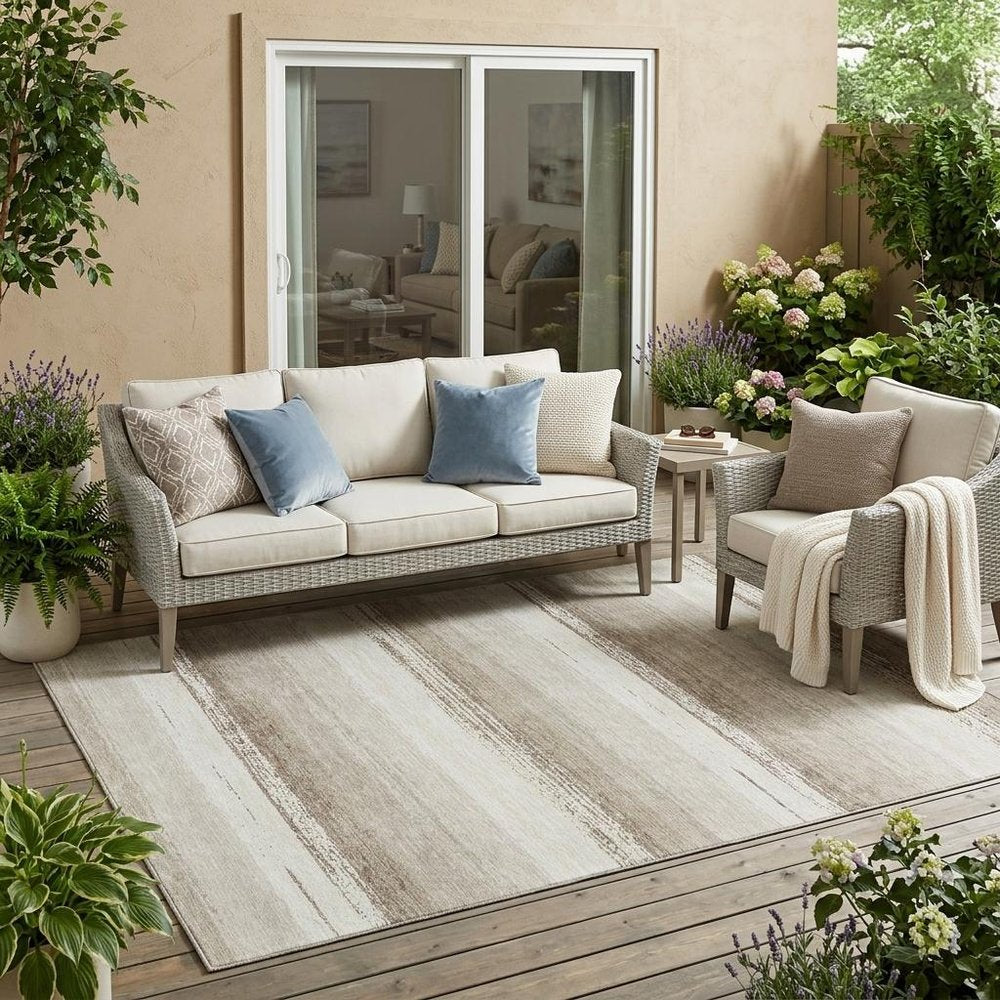 5' X 8' Ivory And Linen Striped Washable Indoor Outdoor Area Rug HomeRoots