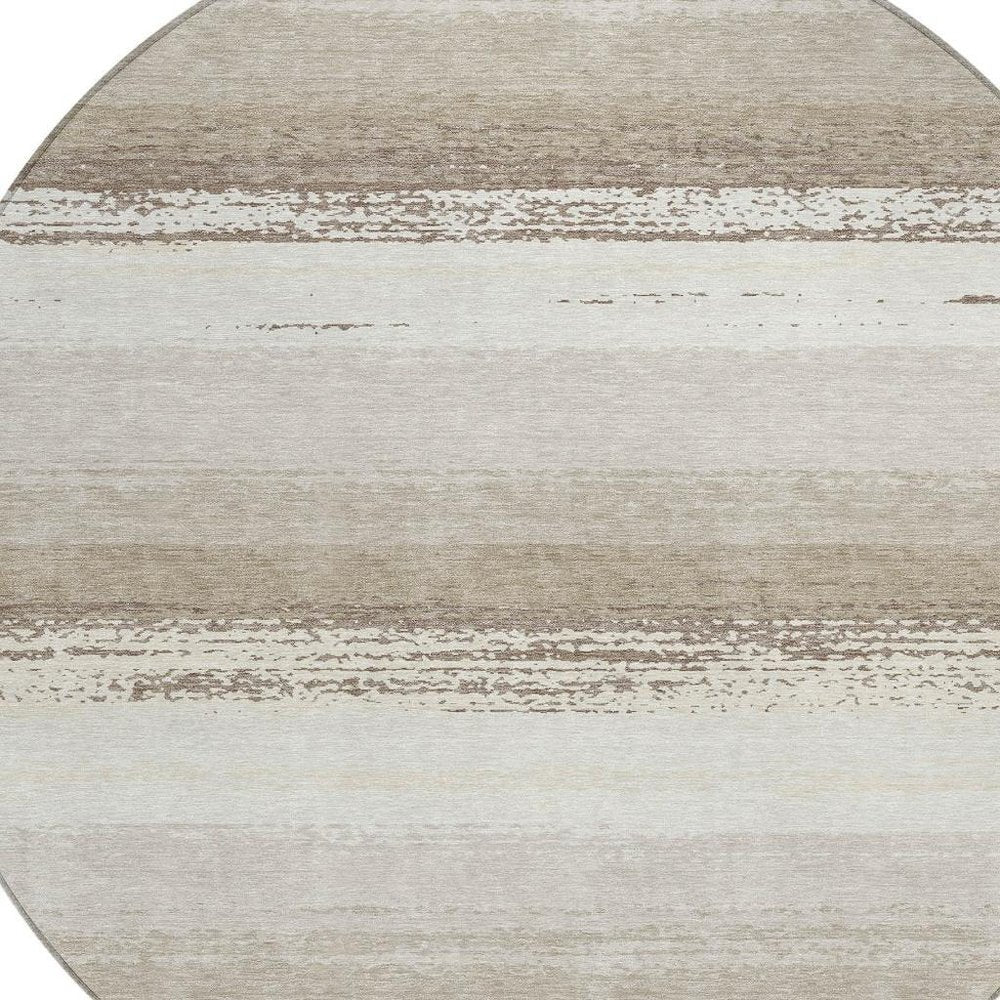 8' Ivory And Linen Round Striped Washable Indoor Outdoor Area Rug — view 6