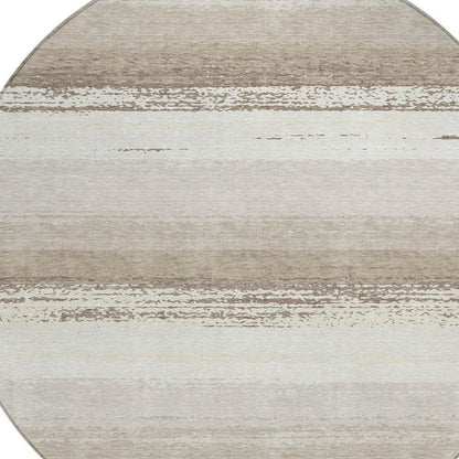 8' Ivory And Linen Round Striped Washable Indoor Outdoor Area Rug