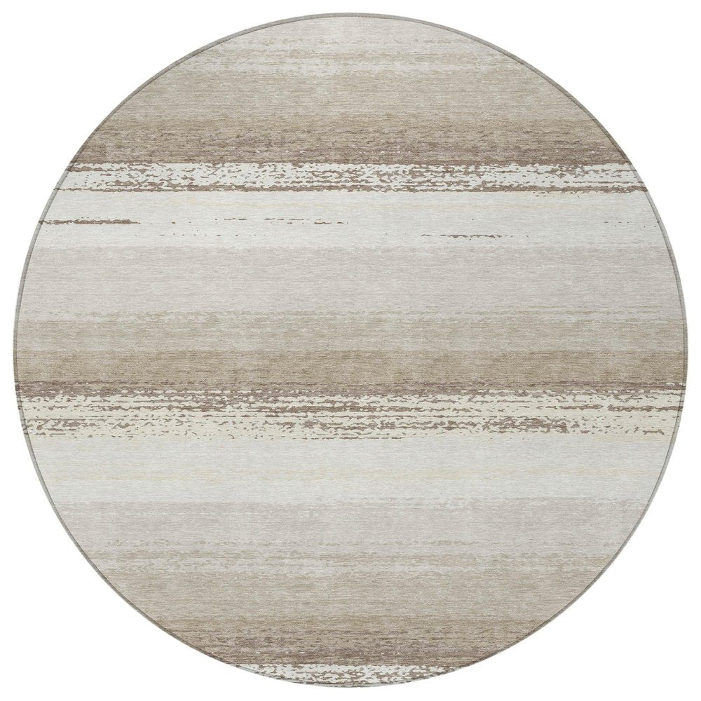 8' Ivory And Linen Round Striped Washable Indoor Outdoor Area Rug HomeRoots
