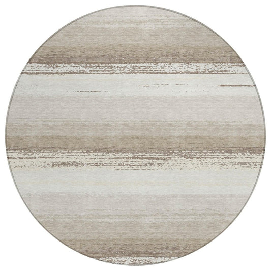 8' Ivory And Linen Round Striped Washable Indoor Outdoor Area Rug
