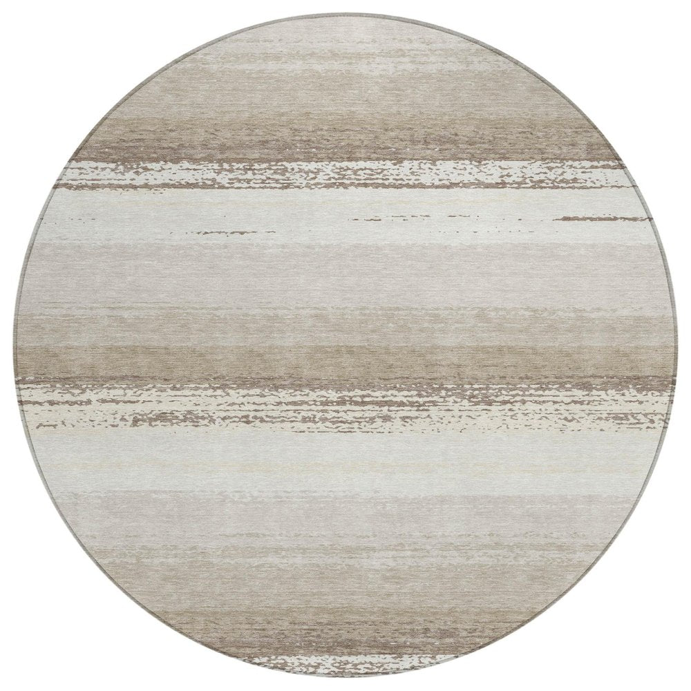 8' Ivory And Linen Round Striped Washable Indoor Outdoor Area Rug