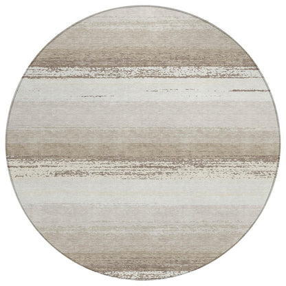 8' Ivory And Linen Round Striped Washable Indoor Outdoor Area Rug