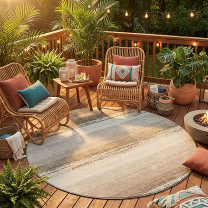 8' Ivory And Linen Round Striped Washable Indoor Outdoor Area Rug HomeRoots