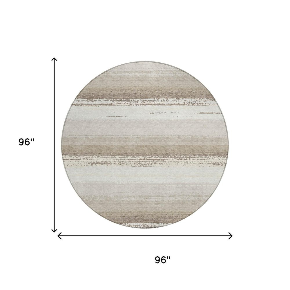 8' Ivory And Linen Round Striped Washable Indoor Outdoor Area Rug — view 4