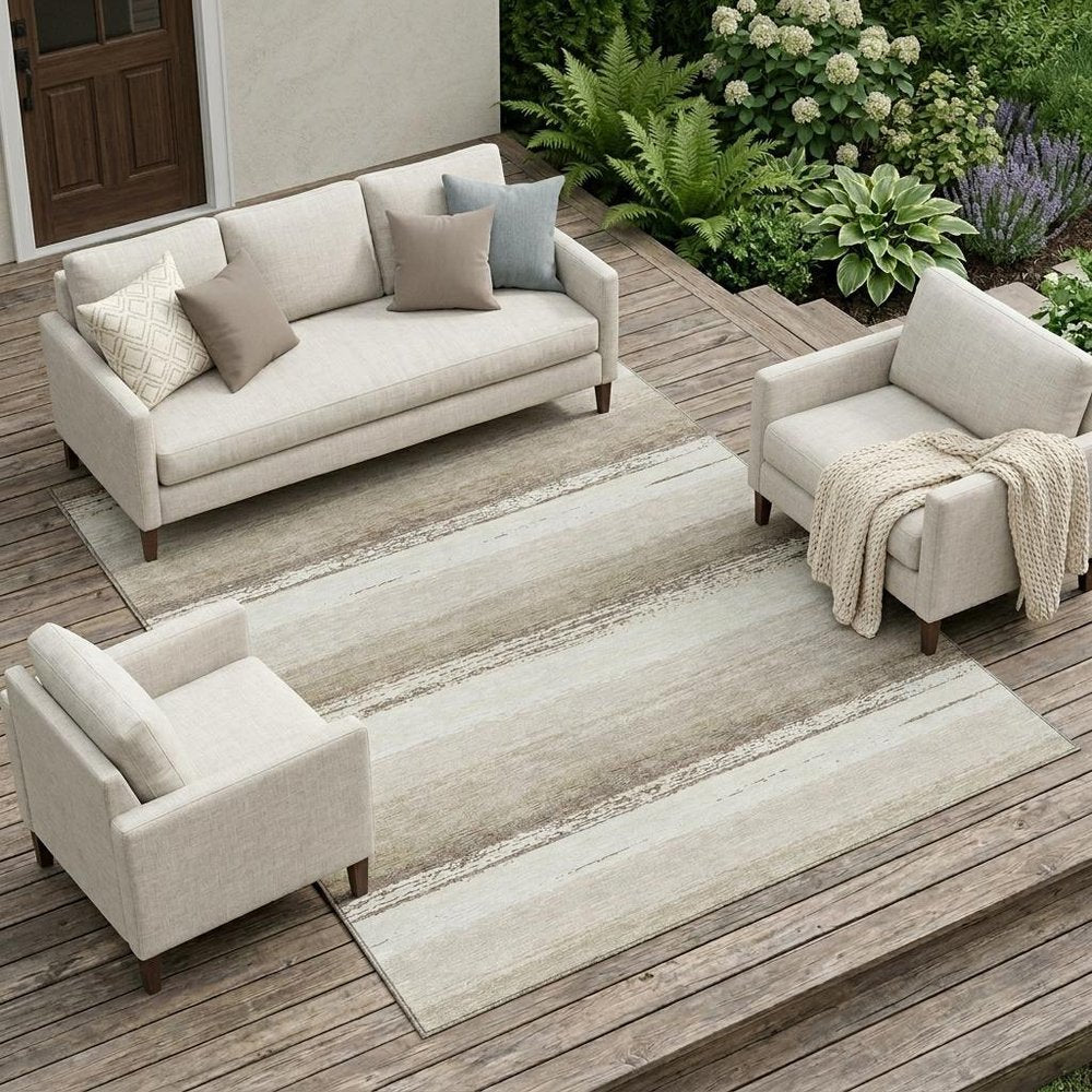9' X 12' Ivory And Linen Striped Washable Indoor Outdoor Area Rug HomeRoots