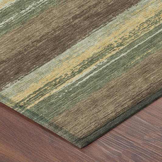 3' X 5' Olive Green And Blue Striped Washable Indoor Outdoor Area Rug