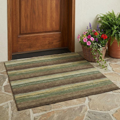 3' X 5' Olive Green And Blue Striped Washable Indoor Outdoor Area Rug HomeRoots