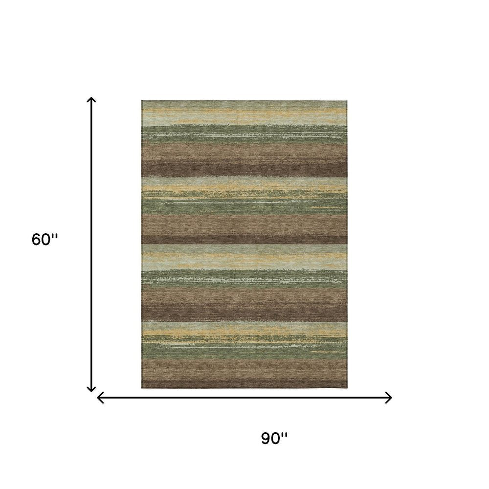 5' X 8' Olive Green And Blue Striped Washable Indoor Outdoor Area Rug HomeRoots