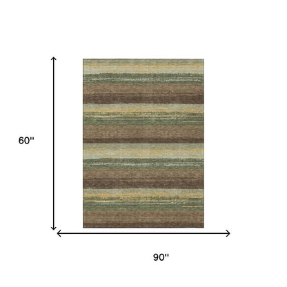 5' X 8' Olive Green And Blue Striped Washable Indoor Outdoor Area Rug HomeRoots