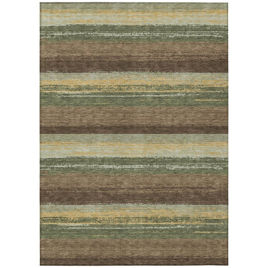 5' X 8' Olive Green And Blue Striped Washable Indoor Outdoor Area Rug