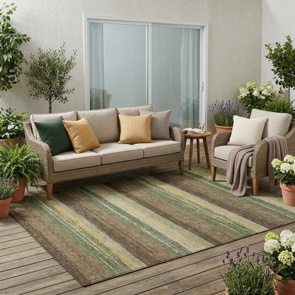 5' X 8' Olive Green And Blue Striped Washable Indoor Outdoor Area Rug HomeRoots