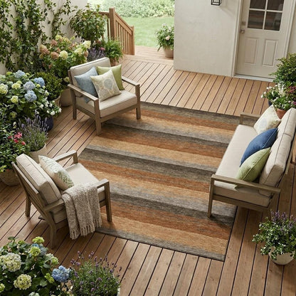 10' X 14' Orange And Green Striped Washable Indoor Outdoor Area Rug
